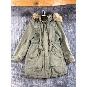 American Eagle Outfitters Parka Jacket Womens Small Green Hooded Faux Fur Trim